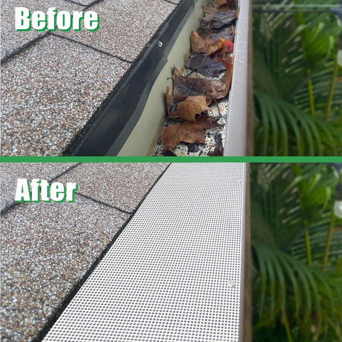 Before and after installation of Heavy Duty Stainless Steel Gutter Guard 48 Ft Universal Fit For 4 And 5 Inch Gutters Micro Mesh Leaves Screen White