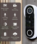 2K QHD Video Doorbell Camera With Chime Battery Powered Wireless For Home IP64 Weatherproof mounted on wall.