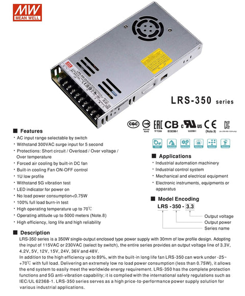 24V DC Switching Power Supply, 14.6A 350W, 88 Percent Efficient, Beefy Input Range, LRS-350 series with fan and components visible