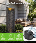 Front view of 35 Inch Outdoor Water Fountain With Modern Curved Faux Slate Resin Waterfall And 2 Warm LED Lights for patio decor