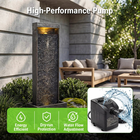 Front view of 35 Inch Outdoor Water Fountain With Modern Curved Faux Slate Resin Waterfall And 2 Warm LED Lights for patio decor