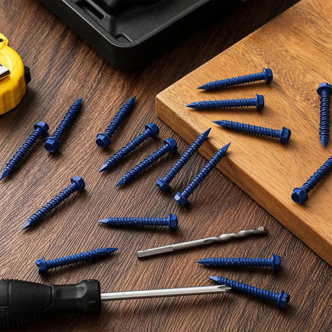 200-Piece Pro Grade Heavy Duty Set Of 1/4 By 1-3/4 Inch Hex Head Concrete Screws With Two 3/16 Inch Drill Bits displayed