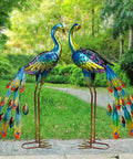 Two Pack Solar Peacock Garden Decor Lights Metal Peacocks Statue With LED Lighting Waterproof Outdoor Yard Art