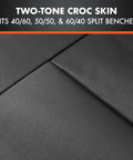 Close-up of faux leather texture on car seat covers, two-tone croc skin, for SUVs and trucks, black, airbag compatible.