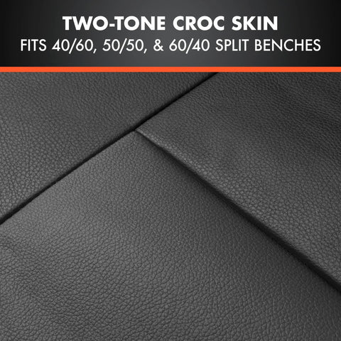 Close-up of faux leather texture on car seat covers, two-tone croc skin, for SUVs and trucks, black, airbag compatible.