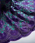 African Lace Fabric 5 Yards Jacquard Guipure Embroidery Floral Lace for Party Dress Sewing in purple and teal colors, Nigerian style.