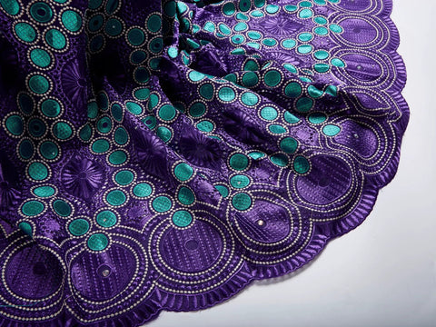 African Lace Fabric 5 Yards Jacquard Guipure Embroidery Floral Lace for Party Dress Sewing in purple and teal colors, Nigerian style.
