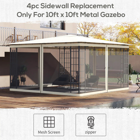 Outdoor patio with 10x10 metal gazebo featuring cream frame, black mesh screen, and zippers for easy installation.