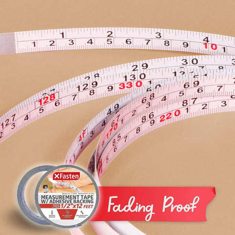 Heavy Duty Left To Right Peel And Stick Tape Measure 0.5 Inch By 12 Feet Two Pack with adhesive back showing weatherproof feature.