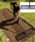 Man using Lawn Leveling Rake With 72 Inch Non Slip Handle, 42 By 10 Inch Leveling Tool For Grass, Golf Course, And Dirt Ground