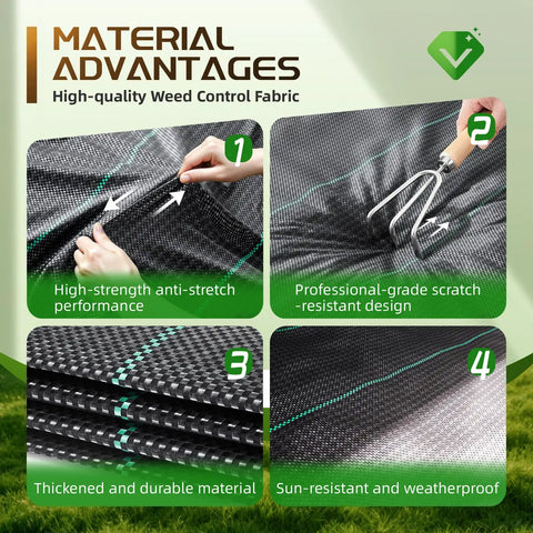 Material advantages of Heavy Duty Weed Barrier Fabric 4 Ft By 300 Ft Ground Cover For Garden And Lawn, woven fabric shown in use.