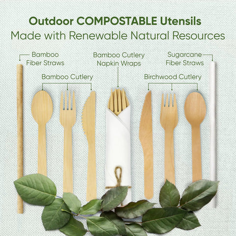 250 Count Bamboo Cutlery Set Disposable And Compostable Utensils, 100 Percent Natural, Plastic Free, BPA Free, Non Toxic, Food Grade For Kids And Adults, Go-To Eco Friendly Everyday Use with bamboo utensils and straws