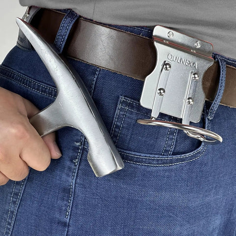 Person using Built To Last Stainless Steel Hammer Holster For Tool Belts, 2.6 Inch Hammer Loop, Drill Holder Clip on jeans