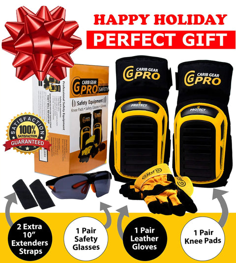 All In One Beefy Heavy Duty Work Knee Pads Kit With Double Gel Construction And Anti Slip Straps For Flooring Tiling And Gardening Plus Leather Gloves And Safety Glasses For Men And Women displayed with packaging, gloves, glasses.