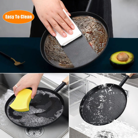 Preseasoned 8 Inch Frying Pan Skillet with Detachable Wooden Handle, easy to clean, showcasing black finish for cooking indoors and outdoors