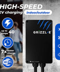Front view of Beefy Level 2 EV Charger With WiFi Smart Connect for indoor outdoor use, black metal enclosure, 40A capacity.