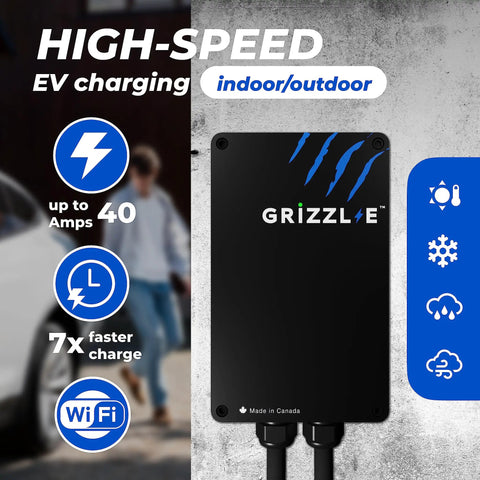 Front view of Beefy Level 2 EV Charger With WiFi Smart Connect for indoor outdoor use, black metal enclosure, 40A capacity.