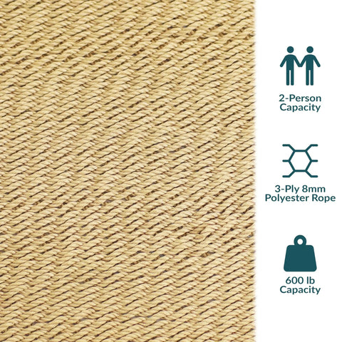 Close-up of soft spun polyester rope texture with 600 lb capacity for Cozy Outdoor Double Hammock With Soft Spun Polyester Rope 600 Pound Capacity Extra Large Tan Hammock For Two 124 Inch Wide Overall Bed 75 Inch Wide By 55 Inch Deep Tie Between Trees Or Use A 15 Foot Stand Not Included.