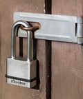 Beefy Heavy Duty Padlock Set Keyed Alike 2 Pack for indoor and outdoor security, shown on a wooden gate with octagonal shackle.