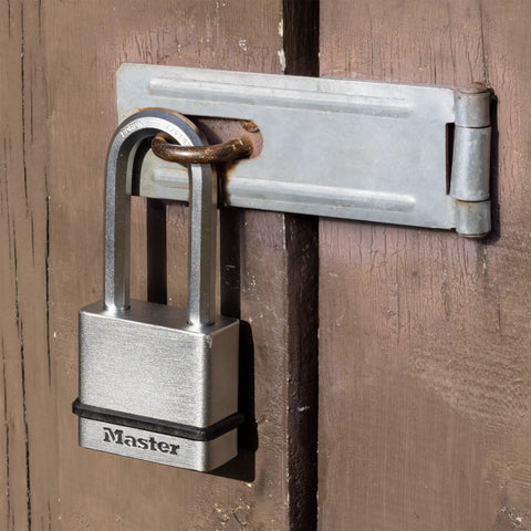 Beefy Heavy Duty Padlock Set Keyed Alike 2 Pack for indoor and outdoor security, shown on a wooden gate with octagonal shackle.