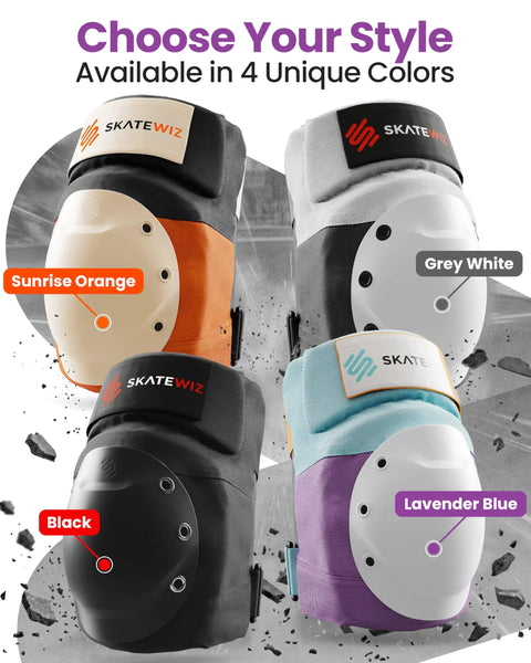 Four SkateWiz knee pads in Sunrise Orange, Black, Grey White, and Lavender Blue colors with labeled style choices.