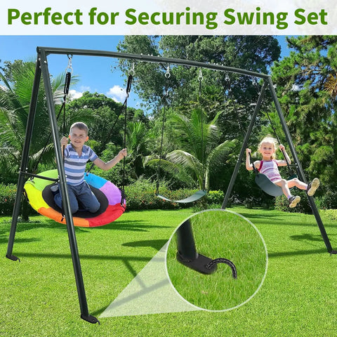 Children swinging on set with 12 Inches Trampoline Wind Stakes Heavy Duty U Stakes For Ground 8 Pack Trampoline Tie Down Anchor Kit