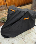 Waterproof Adult Tricycle Cover for 3-Wheeled Bikes and Recumbent Trikes Outdoor Indoor Dustproof Windproof UV Protection Heavy-Duty 210D Oxford PU Coated Fits Most Trikes 75L x 30W x 44H Black on covered trike with reflective strips
