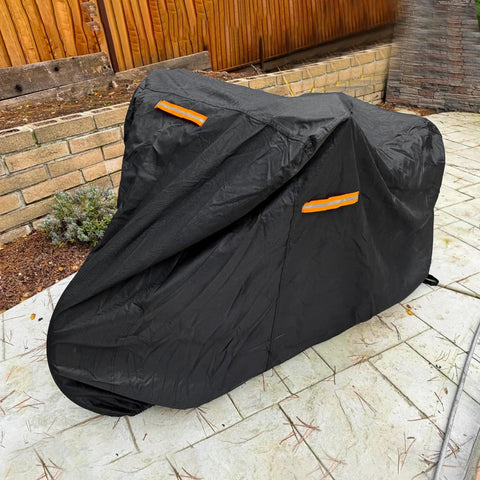 Waterproof Adult Tricycle Cover for 3-Wheeled Bikes and Recumbent Trikes Outdoor Indoor Dustproof Windproof UV Protection Heavy-Duty 210D Oxford PU Coated Fits Most Trikes 75L x 30W x 44H Black on covered trike with reflective strips