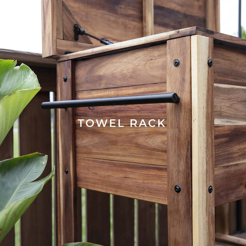 Side view of Acacia Wood Patio Cooler Made For Backyard Parties And Yard Barbecues, 100 Qt Capacity Ice Chest with towel rack