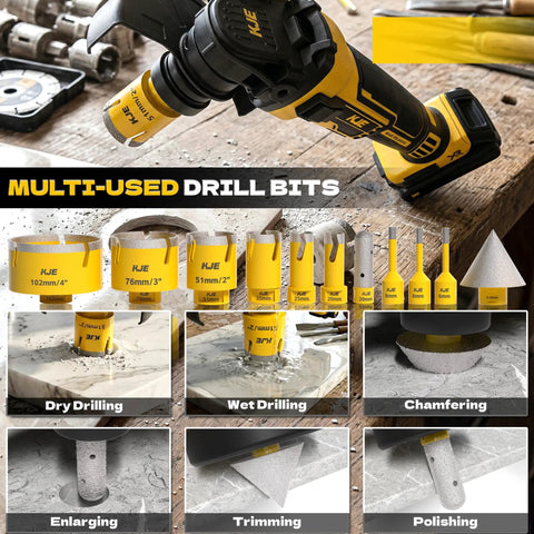 Pro Grade Vacuum Brazed Diamond Hole Saw Kit for Porcelain Tile Granite Marble Stone 15 Piece Set displayed with drill sizes and applications.