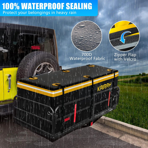 Heavy Duty Hitch Mount Cargo Carrier 60x24x14 Inch Folding Rear Luggage Basket on SUV with waterproof bag in rain