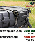 Mossy Oak Break Up Infinity Camo 1 Inch By 8 Foot Ratchet Tie Down Straps securing black cargo box on ATV