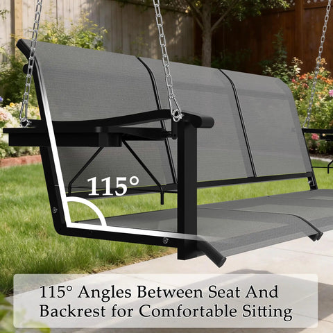 Textilene 3 Seat Porch Swing With Cup Holder 5.3 Ft Patio Hangin Swing Bench 700 Lb Capacity Outdoor Porch Swing with 115° backrest angle