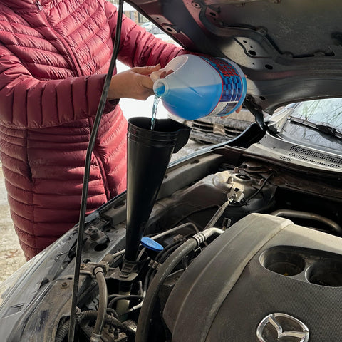 Using Big Fifteen Point Five Quart Oil Drain Pan With Easy Pour Spout And 18 Inch Mechanics Funnel Kit For Auto Fluids Like Engine Oil Antifreeze