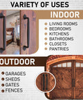 Two Pack 12 Inch Diamond Tapered Barn Door Handles Black Cast Iron Pulls shown on indoor and outdoor wooden doors.
