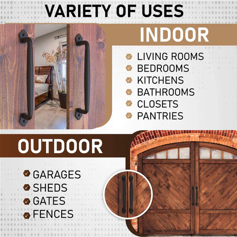 Two Pack 12 Inch Diamond Tapered Barn Door Handles Black Cast Iron Pulls shown on indoor and outdoor wooden doors.