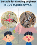 Image showing Ultralight Aluminum Alloy Rope Tensioner for camping tents and guy lines with cartoon campers.
