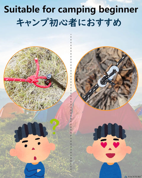 Image showing Ultralight Aluminum Alloy Rope Tensioner for camping tents and guy lines with cartoon campers.