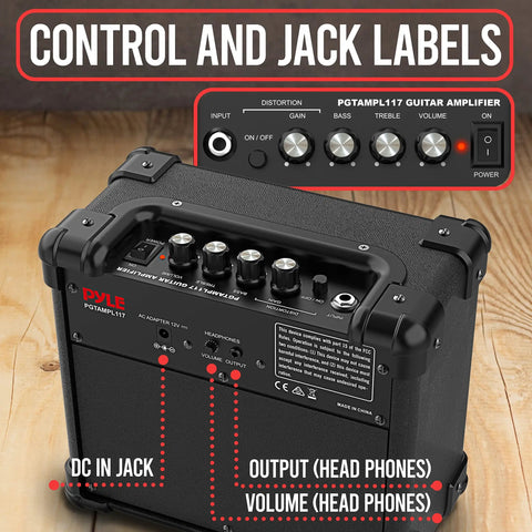 Compact 10 Watt Electric Guitar Amp With 5 Inch High Definition Speaker Easy Volume Bass Treble Distortion And Gain Controls Headphone Output Perfect For Practice Jamming And Small Gigs showing control and jack labels.