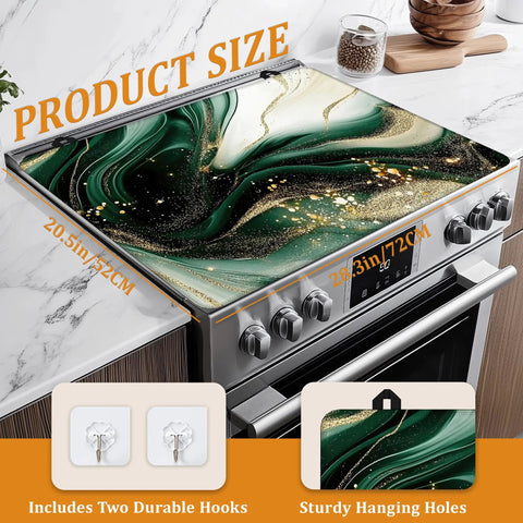 Green Gold Marble Stovetop Cover For Glass Cooktops, Heat Resistant Flat Top Mat on stove, measures 28x20 inches