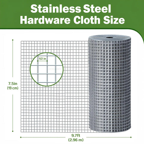Heavy Duty 304 Stainless Steel Hardware Cloth 1/2 Inch 20 Gauge Welded Mesh Chicken Wire Fencing size illustration with roll dimensions.