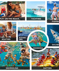 Waterproof first aid kit collage with a red roll-top dry bag among boating, kayaking, snorkeling and swimming scenes