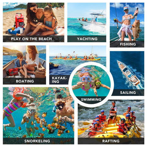 Waterproof first aid kit collage with a red roll-top dry bag among boating, kayaking, snorkeling and swimming scenes
