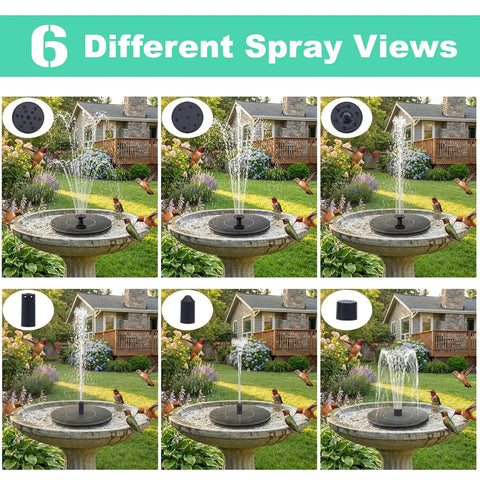 Floating Solar Fountain For Bird Bath And Outdoor Ponds, Sun Powered Water Pump With No Battery Or Wiring showing spray patterns in garden bird bath