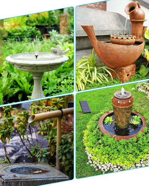 Collage of different Sun Powered Solar Fountain Kit For Bird Bath And Backyard Water Feature setups in gardens and patios