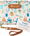 Front view of KeepGoing Travel First Aid Kit pouch with travel icon pattern, brown leather logo patch, wrist strap.