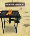 Fire Pot Coal Forge Stand With Hand Blower For Blacksmithing Starter Kit setup with coal, forge blower, and shovel