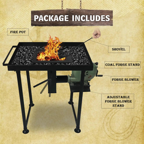 Fire Pot Coal Forge Stand With Hand Blower For Blacksmithing Starter Kit setup with coal, forge blower, and shovel