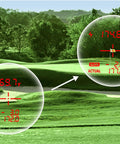 Kick Butt On The Greens With This Badass Golf Laser Range Finder Rig Featuring A Crisp 2 Color Oled Screen And Hybrid Pin Search Plus Continuous 3 Point Measurement Gear For Precise Distance Tracking In Black Gl04pro Model showing distance measurements on golf course.