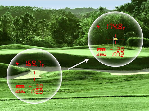 Kick Butt On The Greens With This Badass Golf Laser Range Finder Rig Featuring A Crisp 2 Color Oled Screen And Hybrid Pin Search Plus Continuous 3 Point Measurement Gear For Precise Distance Tracking In Black Gl04pro Model showing distance measurements on golf course.